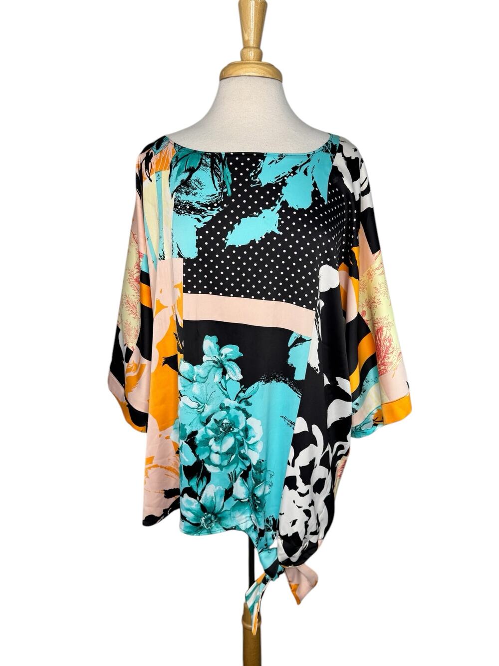 CHICOS Floral Abstract Tie Front Blouse Orange Blue Black Size 20/22 (4) Womens